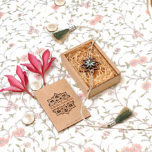 Load image into Gallery viewer, Sarva (Emerald) -Handcrafted Wooden & Mother-of-Pearl Rakhis with Silk yarn braiding– A Celebration of Design and Tradition