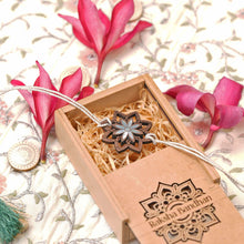 Load image into Gallery viewer, Sarva(White)-Handcrafted Wooden & Mother-of-Pearl Rakhis with Silk yarn braiding – A Celebration of Design and Tradition