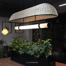 Load image into Gallery viewer, Umbrella Linear - Industrial Pendant lamp with Natural Cane/Rattan mesh for Home, restaurants and offices.