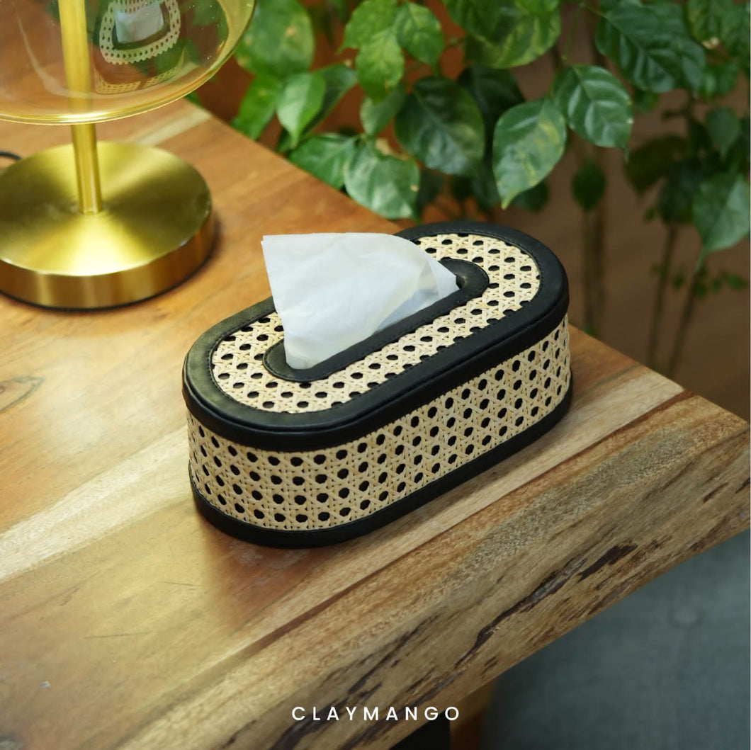 Oval Natural Cane Mesh Table Top Tissue Paper Holder Box For Home/Office.