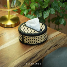 Load image into Gallery viewer, Round Natural Cane Mesh Table Top Tissue Paper Holder Box For Home/Office.