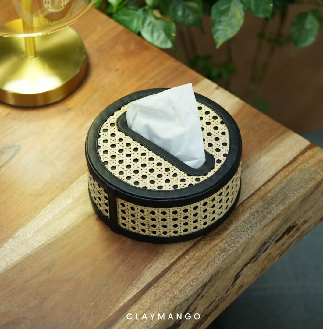 Round Natural Cane Mesh Table Top Tissue Paper Holder Box For Home/Office.