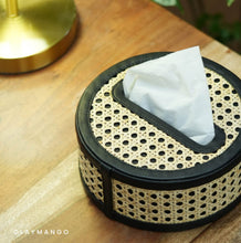 Load image into Gallery viewer, Round Natural Cane Mesh Table Top Tissue Paper Holder Box For Home/Office.