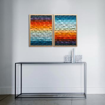 Set of Two Frames Sunset and Sundown Gradient colour Modern Wooden pixel Wall sculpture.-Home Décor-Claymango.com