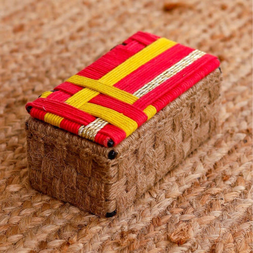 Handwoven Sunset Storage Box - Sirohi - Colour_Red, Colour_White, Colour_Yellow, purpose_decor, purpose_gifting, Purpose_Home Accessory, Purpose_Storage, rope material _macrame, Rope Material_Plastic Waste