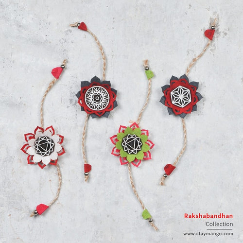 SET OF 4 - Handcrafted Mandala Block Rakhi from Bloom Collection - (Parrot green & Pink) + ( Red & White ) + (Red &Grey) + (Red & Grey- Mandala)-Rakhi-Claymango.com