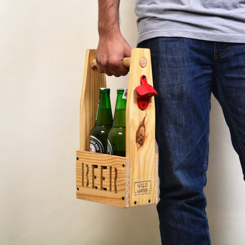 Weekend essential Wooden Beer Crate / Beer carrier with bottle opener- 2 Big beer bottles -White wood-Bar Accessories-Claymango.com