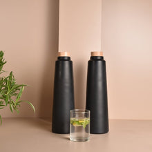 Load image into Gallery viewer, Set of 2 Double baked Black HandmadeTerracotta Earthen (mitti) Clay Bottle - 800ml with Cork and Wooden lid ( Natural Texture- No colours or Chemicals used )-Terracotta-Claymango.com