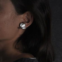 Load image into Gallery viewer, Unique White lotus earrings from Lotus series made out of wood and hand-inlaid mother of pearl.-Jewellery-Claymango.com
