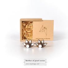 Load image into Gallery viewer, White blooming Lotus earrings made out of wood and hand inlaid mother of pearl-Jewellery-Claymango.com