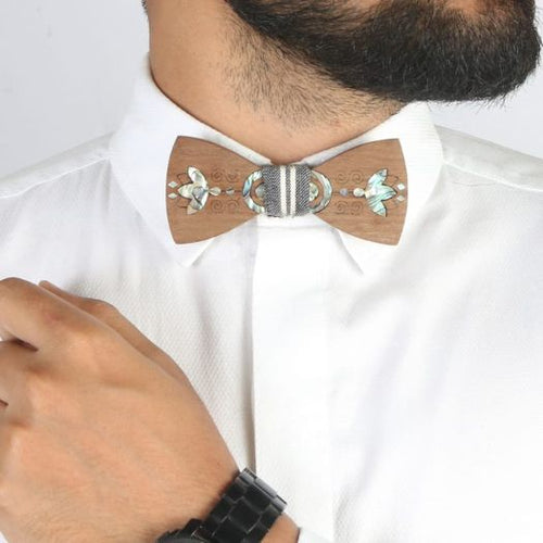 Best man bow-tie with Ikkat fabric pocket square from Seafret collection ( handcrafted by using MOTHER OF PEARL inlay technique on wood)-Mens Accessories-Claymango.com