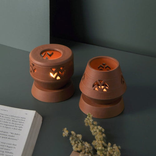 SET OF 2 - (KOLASA - VIPASSANA) - handcrafted terracotta Tealight lamp (minimal & Contemporary) for your study table, dining table, side table from Festive collection-Terracotta-Claymango.com