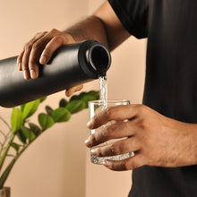 Load image into Gallery viewer, Double baked Black HandmadeTerracotta Earthen (mitti) Clay Bottle - 800ml with cork and wooden lid ( Natural Texture- No colours or Chemicals used )-Terracotta-Claymango.com