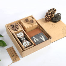 Load image into Gallery viewer, Assorted Gift hamper from Twofolds - 1 Lion brooch + 1 Lion cufflinks +1 Mother of pearl inlaid Best man's Bowtie and a Ikat wallet-Gift Box-Claymango.com