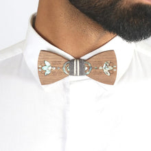 Load image into Gallery viewer, Best man bow-tie with Ikkat fabric pocket square from Seafret collection ( handcrafted by using MOTHER OF PEARL inlay technique on wood)-Mens Accessories-Claymango.com