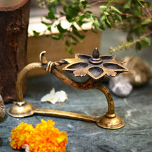 Load image into Gallery viewer, Vintage Handcrafted brass oil lamp with 5 diyas being protected by a naga.-Claymango.com