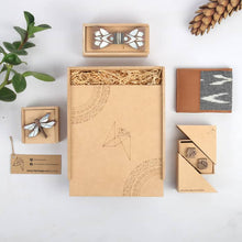 Load image into Gallery viewer, Assorted Gift hamper from Twofolds - 1 Mother of pearel inlaid Dragonfly brooch white +1 mother of pearl inlaid Best Man's bowtie + 1 lion cufflinks and a Ikat wallet-Gift Box-Claymango.com