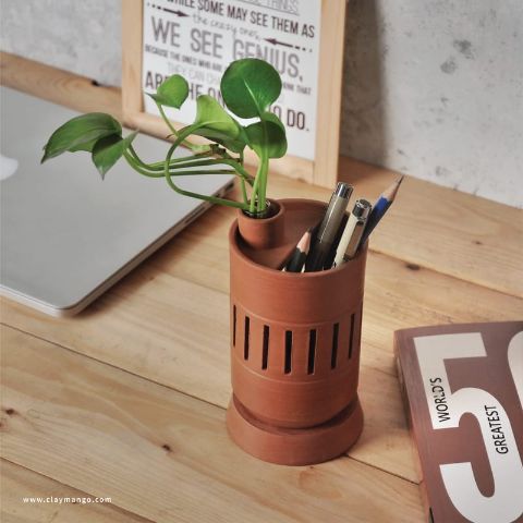 ASANA - Unique Handmade Terracotta (clay) Table top Planter and penholder for your workstation.-Terracotta-Claymango.com
