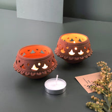 Load image into Gallery viewer, DVI - Set of 2 - handcrafted terracotta Tealight lamp for your study table, dining table, side table from Festive collection-Terracotta-Claymango.com
