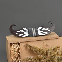 Load image into Gallery viewer, Wooden moustache bow-tie with Ikkat fabric pocket square from Seafret collection ( handcrafted by using MOTHER OF PEARL inlay technique on wood)-Mens Accessories-Claymango.com