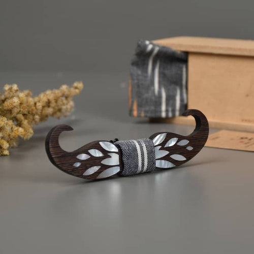 Wooden moustache bow-tie with Ikkat fabric pocket square from Seafret collection ( handcrafted by using MOTHER OF PEARL inlay technique on wood)-Mens Accessories-Claymango.com
