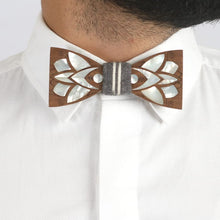 Load image into Gallery viewer, Best Man's Pick bow-tie with Ikkat fabric pocket square from Seafret collection ( handcrafted by using MOTHER OF PEARL inlay technique on wood)-Mens Accessories-Claymango.com