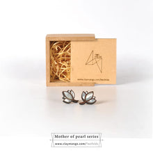 Load image into Gallery viewer, Unique White lotus earrings from Lotus series made out of wood and hand-inlaid mother of pearl.-Jewellery-Claymango.com