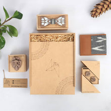 Load image into Gallery viewer, Assorted Gift hamper from Twofolds - 1 Lion brooch + 1 Lion cufflinks +1 Mother of pearl inlaid Best man's Bowtie and a Ikat wallet-Gift Box-Claymango.com