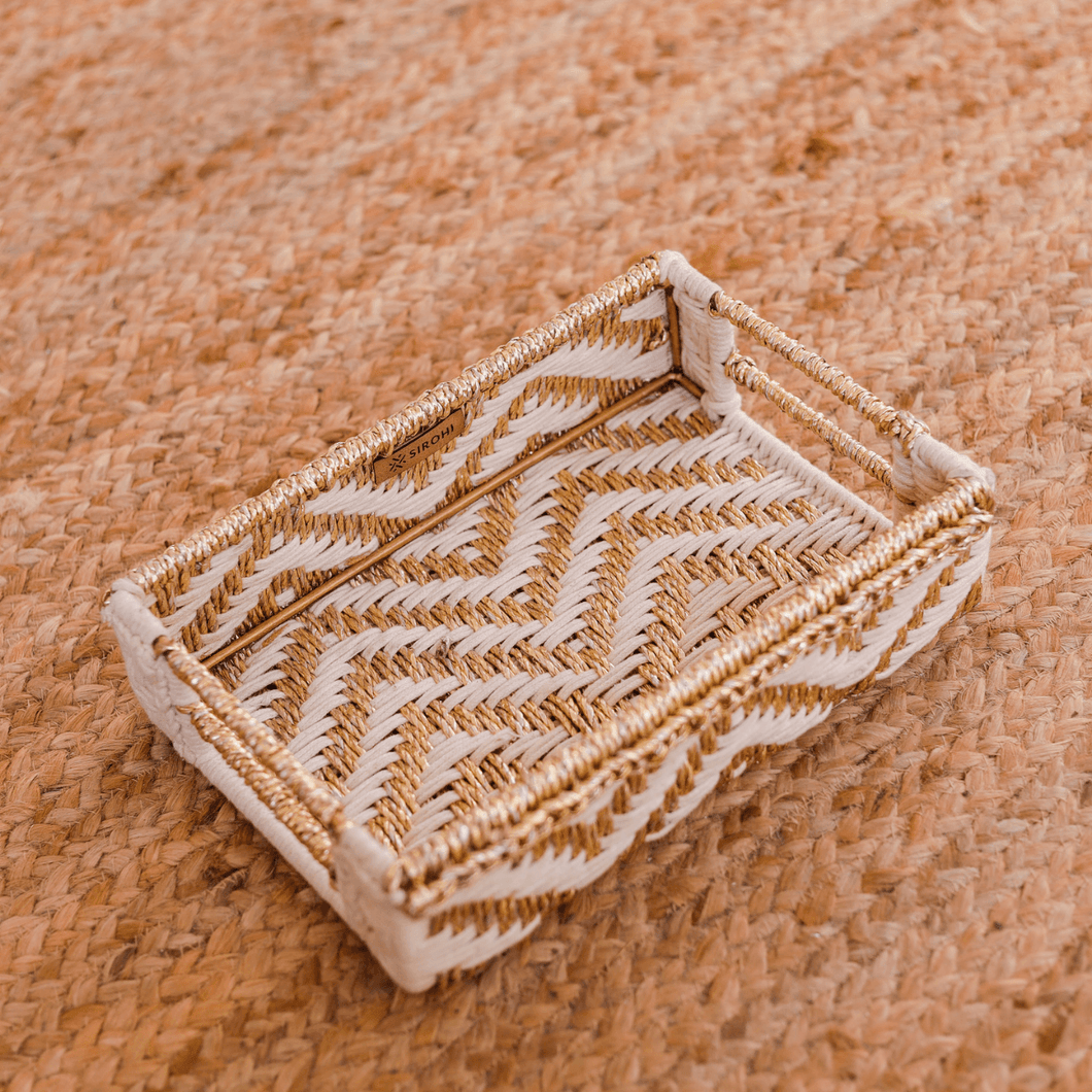 Chevron Upcycled Plastic Tray - Sirohi - Colour_Gold, Colour_White, purpose_decor, Purpose_Storage, rope material _macrame, Rope Material_Plastic Waste