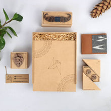 Load image into Gallery viewer, Assorted Gift hamper from Twofolds - 1 Lion brooch + 1 Lion cufflinks + 1 Wooden Moustache Bowtie and a Ikat wallet-Gift Box-Claymango.com