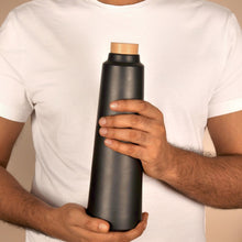 Load image into Gallery viewer, Double baked Black HandmadeTerracotta Earthen (mitti) Clay Bottle - 800ml with cork and wooden lid ( Natural Texture- No colours or Chemicals used )-Terracotta-Claymango.com