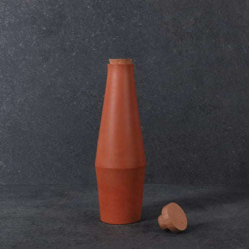 Handmade Terracotta Earthen Clay Bottle vertex Big with cork and wooden lid - 900ml-Terracotta-Claymango.com
