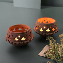 Load image into Gallery viewer, DVI - Set of 2 - handcrafted terracotta Tealight lamp for your study table, dining table, side table from Festive collection-Terracotta-Claymango.com