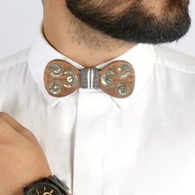 Load image into Gallery viewer, Iruka bow-tie with Ikkat fabric pocket square from Seafret collection ( handcrafted by using MOTHER OF PEARL inlay technique on wood)-Mens Accessories-Claymango.com
