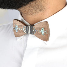 Load image into Gallery viewer, Best man bow-tie with Ikkat fabric pocket square from Seafret collection ( handcrafted by using MOTHER OF PEARL inlay technique on wood)-Mens Accessories-Claymango.com