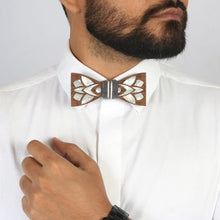 Load image into Gallery viewer, Best Man's Pick bow-tie with Ikkat fabric pocket square from Seafret collection ( handcrafted by using MOTHER OF PEARL inlay technique on wood)-Mens Accessories-Claymango.com
