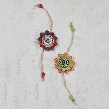 Load image into Gallery viewer, SET OF 2 - Handcrafted Mandala Block Rakhi from Bloom Collection - (Red &amp; Grey) + ( Parrot Green &amp; Pink )-Rakhi-Claymango.com
