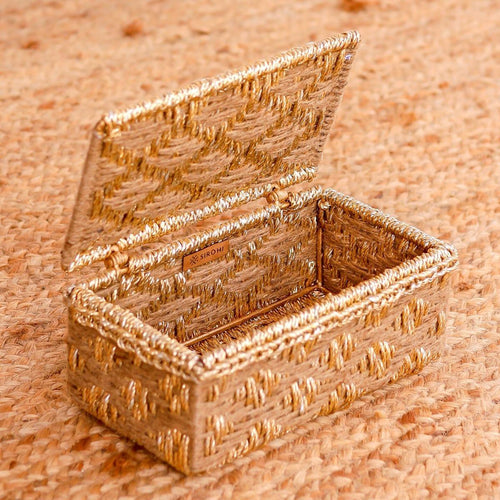 Nihaar Jute & Gold Box - Sirohi - Colour_Gold, Colour_Jute Beige, Purpose_Home Accessory, Purpose_Storage, Rope Material_Natural Jute Fibre, Rope Material_Plastic Waste