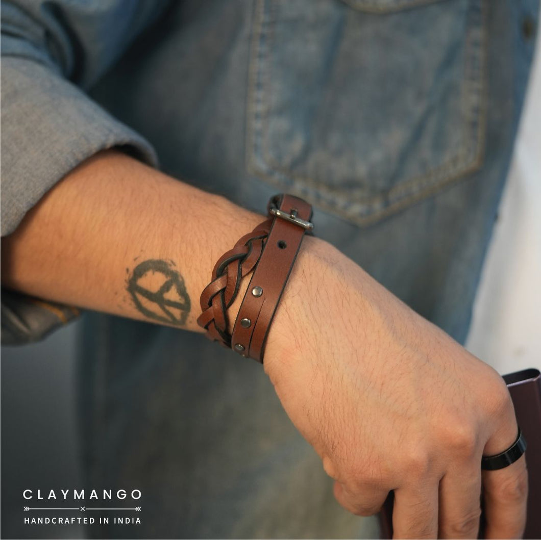 Kubek-Braided genuine leather wrist bands two fold