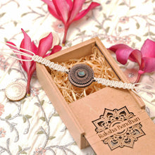 Load image into Gallery viewer, Taru(Emerald)-Handcrafted Wooden &amp; Mother-of-Pearl Rakhis with Silk yarn braiding – A Celebration of Design and Tradition
