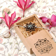 Load image into Gallery viewer, Sarva (Emerald) -Handcrafted Wooden &amp; Mother-of-Pearl Rakhis with Silk yarn braiding– A Celebration of Design and Tradition
