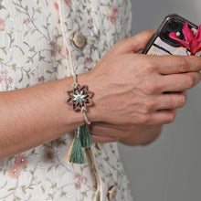 Load image into Gallery viewer, Sarva (Emerald) -Handcrafted Wooden &amp; Mother-of-Pearl Rakhis with Silk yarn braiding– A Celebration of Design and Tradition
