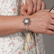 Load image into Gallery viewer, Sarva(White)-Handcrafted Wooden &amp; Mother-of-Pearl Rakhis with Silk yarn braiding – A Celebration of Design and Tradition
