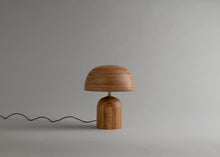 Load image into Gallery viewer, Wooden table lamp with a dome-shaped shade on a plain background
