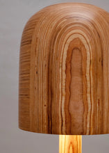 Load image into Gallery viewer, Wooden lamp with a textured shade on a neutral background
