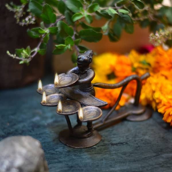Handcrafted vintage goddess lakshmi brass oil lamp with 5 diyas-Claymango.com