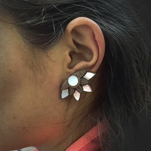 White blooming Lotus earrings made out of wood and hand inlaid mother of pearl-Jewellery-Claymango.com