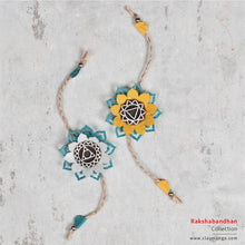 Load image into Gallery viewer, SET OF 2 -Handcrafted Mandala Block Rakhi from Bloom Collection - (Teal &amp; Yellow) + ( Teal &amp; White )- SET OF 2-Rakhi-Claymango.com
