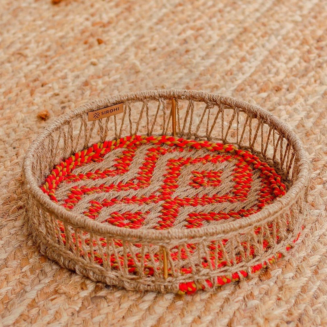 Laal Jute & Upcycled Textile Tray - Sirohi - colour_beige, Colour_Black, purpose_decor, Purpose_Storage, Rope Material_Natural Jute Fibre, Rope Material_Plastic Waste