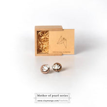 Load image into Gallery viewer, Unique White lotus earrings from Lotus series made out of wood and hand-inlaid mother of pearl with chakra.-Jewellery-Claymango.com
